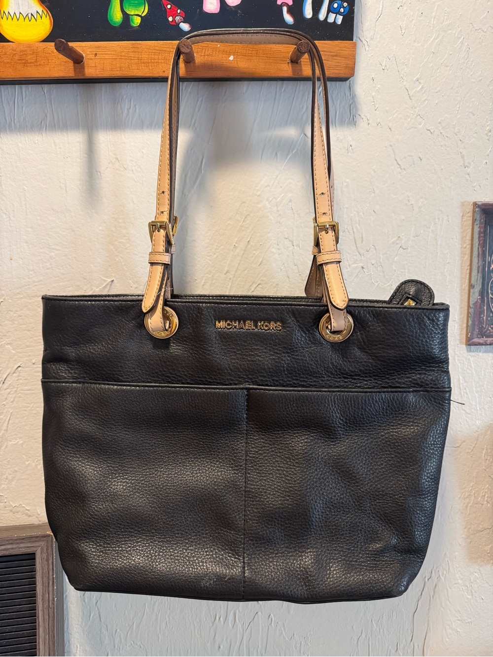 Michael Kors Black Leather Bedford Tote with Tan Straps and Gold Hardware